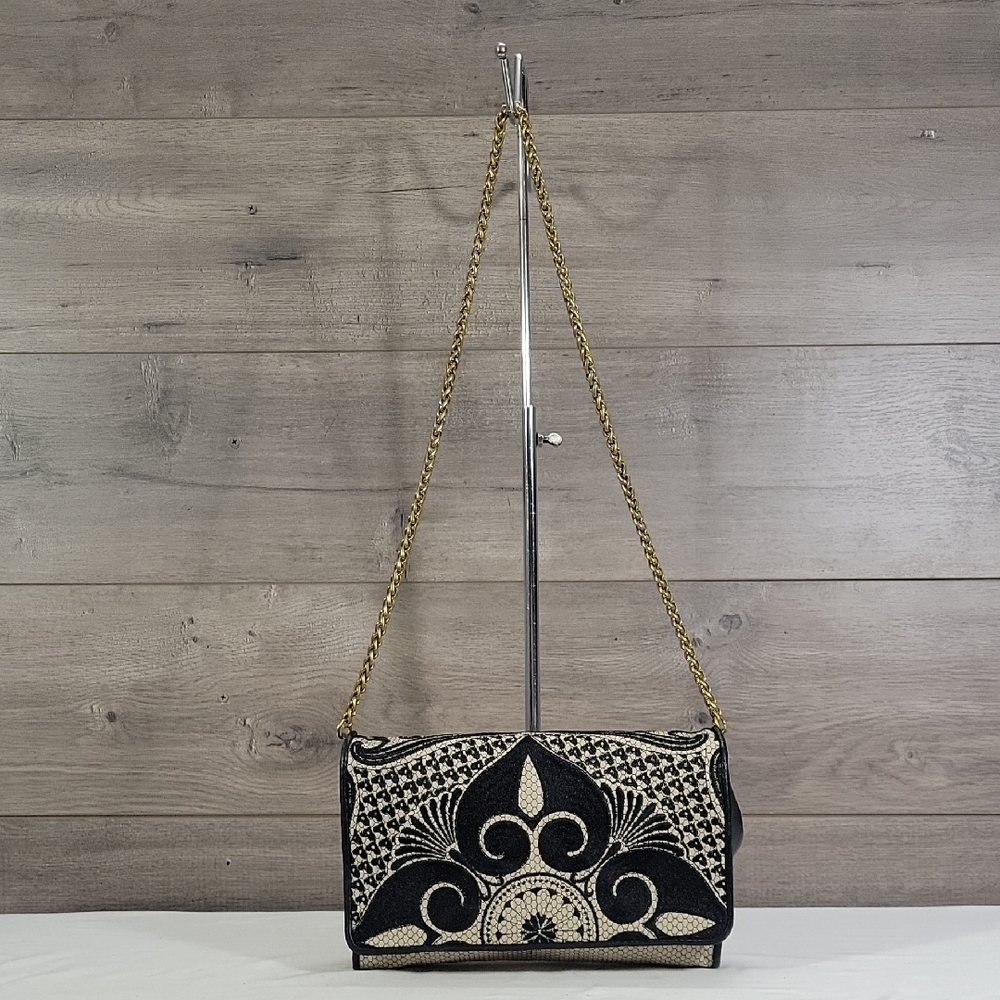 Isabella Fiore Embroidered Flap Front Leather Crossbody Shoulder Bag